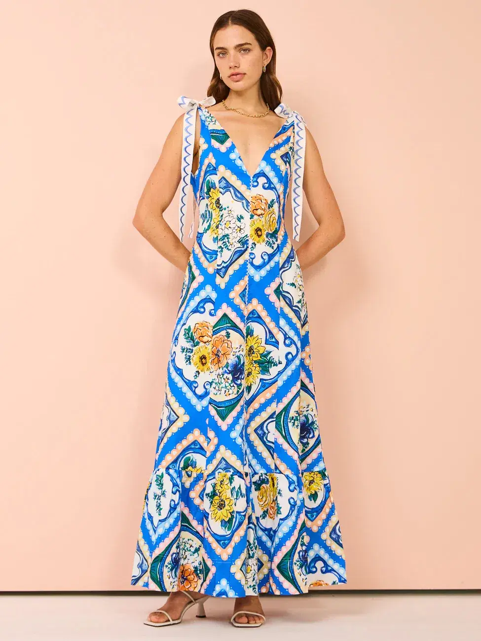 By Nicola Andoncia Tie Shoulder Maxi Dress Azure Blue Floral Size 8 - Image 1