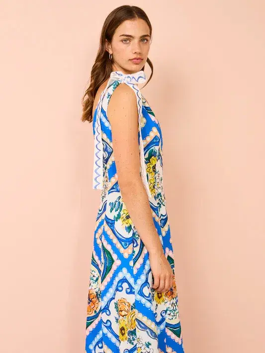 By Nicola Andoncia Tie Shoulder Maxi Dress Azure Blue Floral Size 8 - Image 4