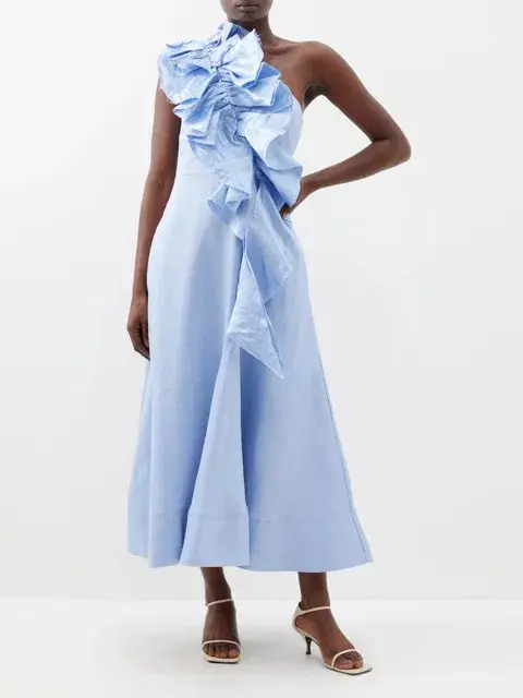 AJE - Adelia One Shoulder Ruffled Linen Blend Dress Light Sky Blue - Size 14 for rent on The Volte - main image