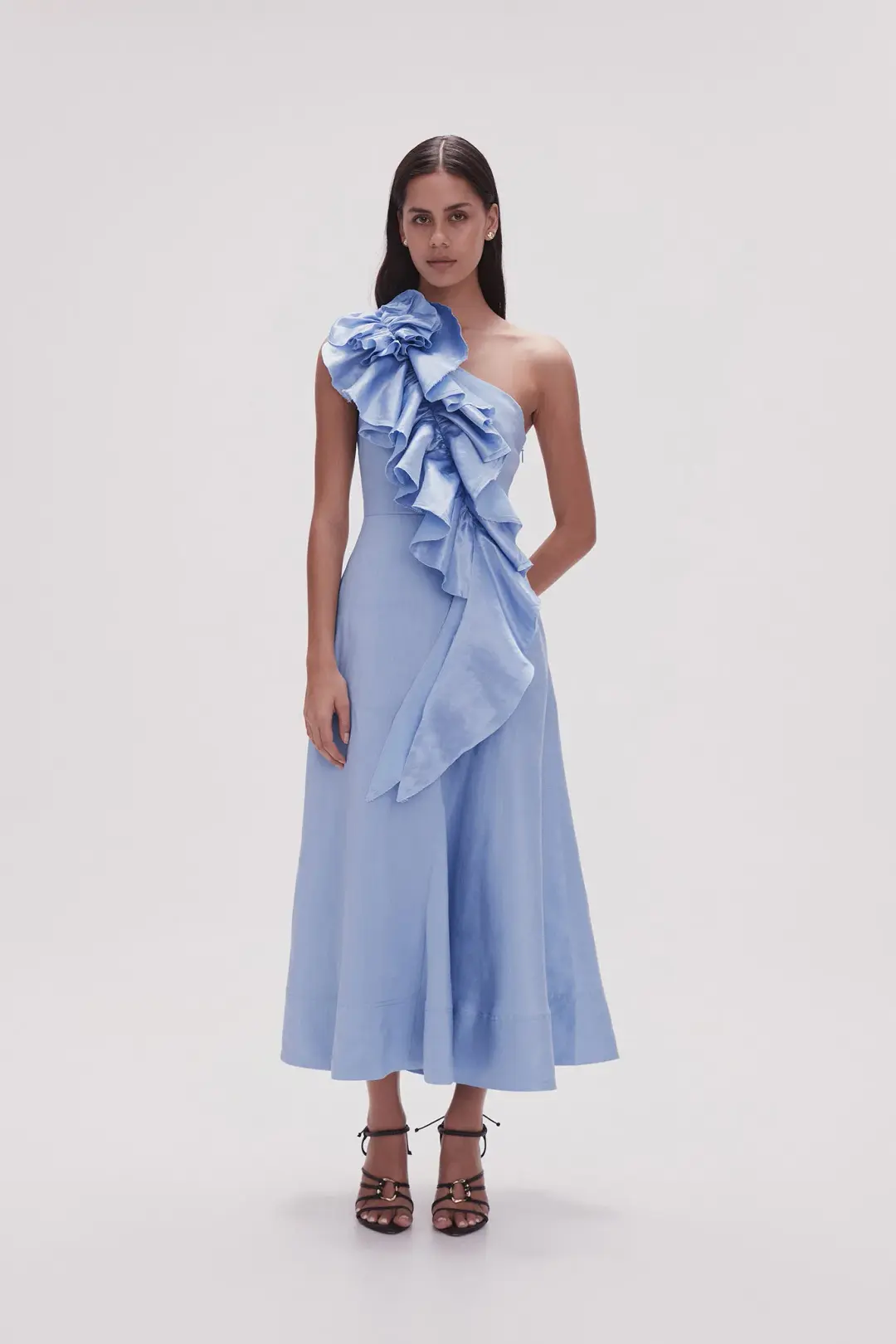 AJE - Adelia One Shoulder Ruffled Linen Blend Dress Light Sky Blue - Size 14 for rent on The Volte - main image