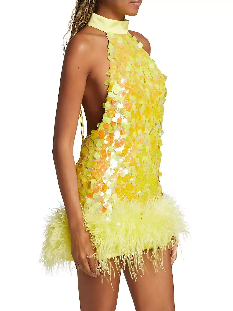 Bronx and Banco Izzy Sequin & Feather Mini Dress Yellow Size AU 6 - Image 3