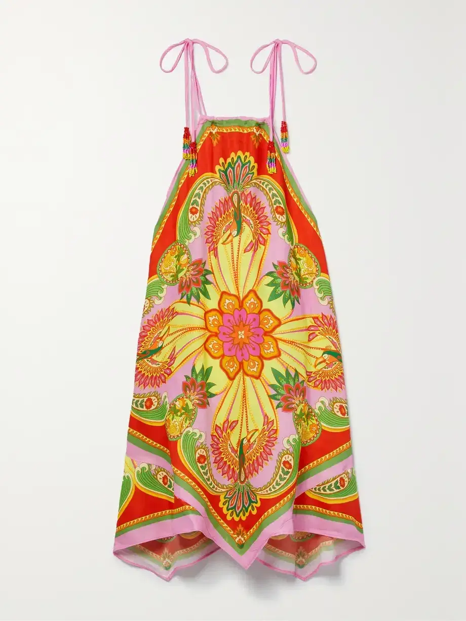 Farm Rio + Net Sustain Bead-embellished Satin Mini Dress Printed Size AU 6 - Image 4