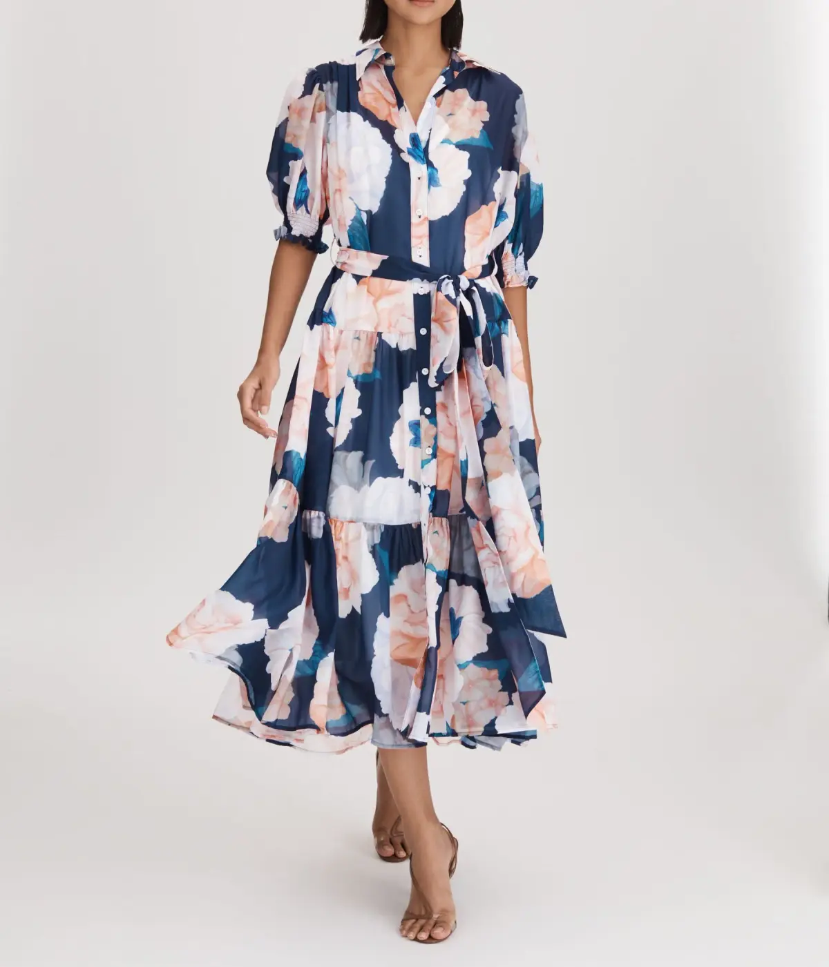 Leo Lin Ellie Bishop Sleeve Midi Dress Rosebud Print in Navy Size AU 16 - Image 1