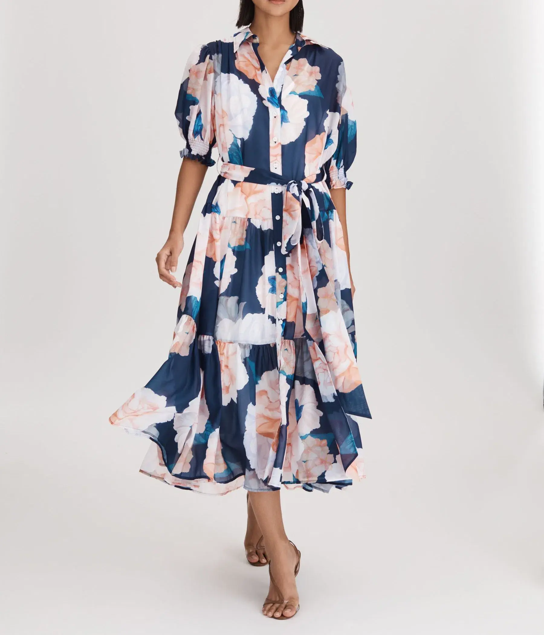 Leo Lin Ellie Bishop Sleeve Midi Dress Rosebud Print in Navy Size AU 16 - Image 1