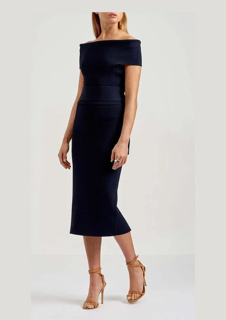 Scanlan Theodore Off Shoulder Midi Dress Navy Size 8 - Image 1
