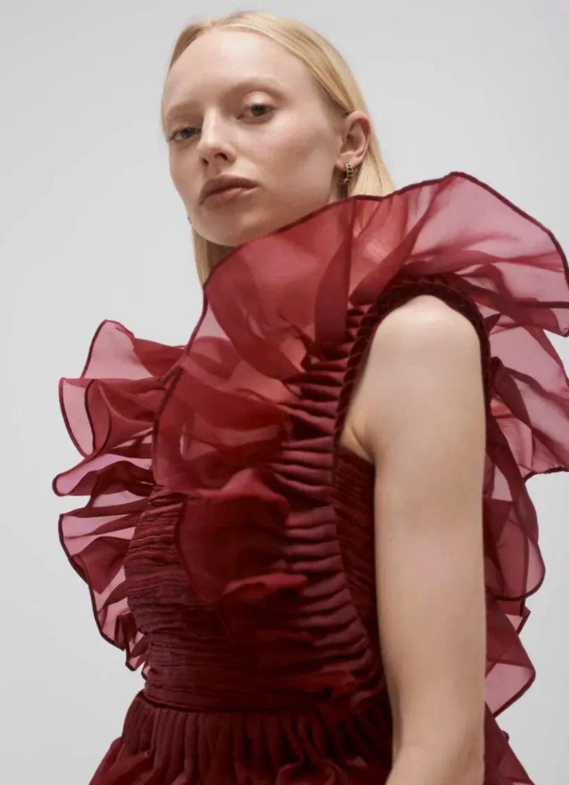 AJE ASRA PLEATED FRILL MIDI DRESS RED SIZE 8 for rent on The Volte - main image