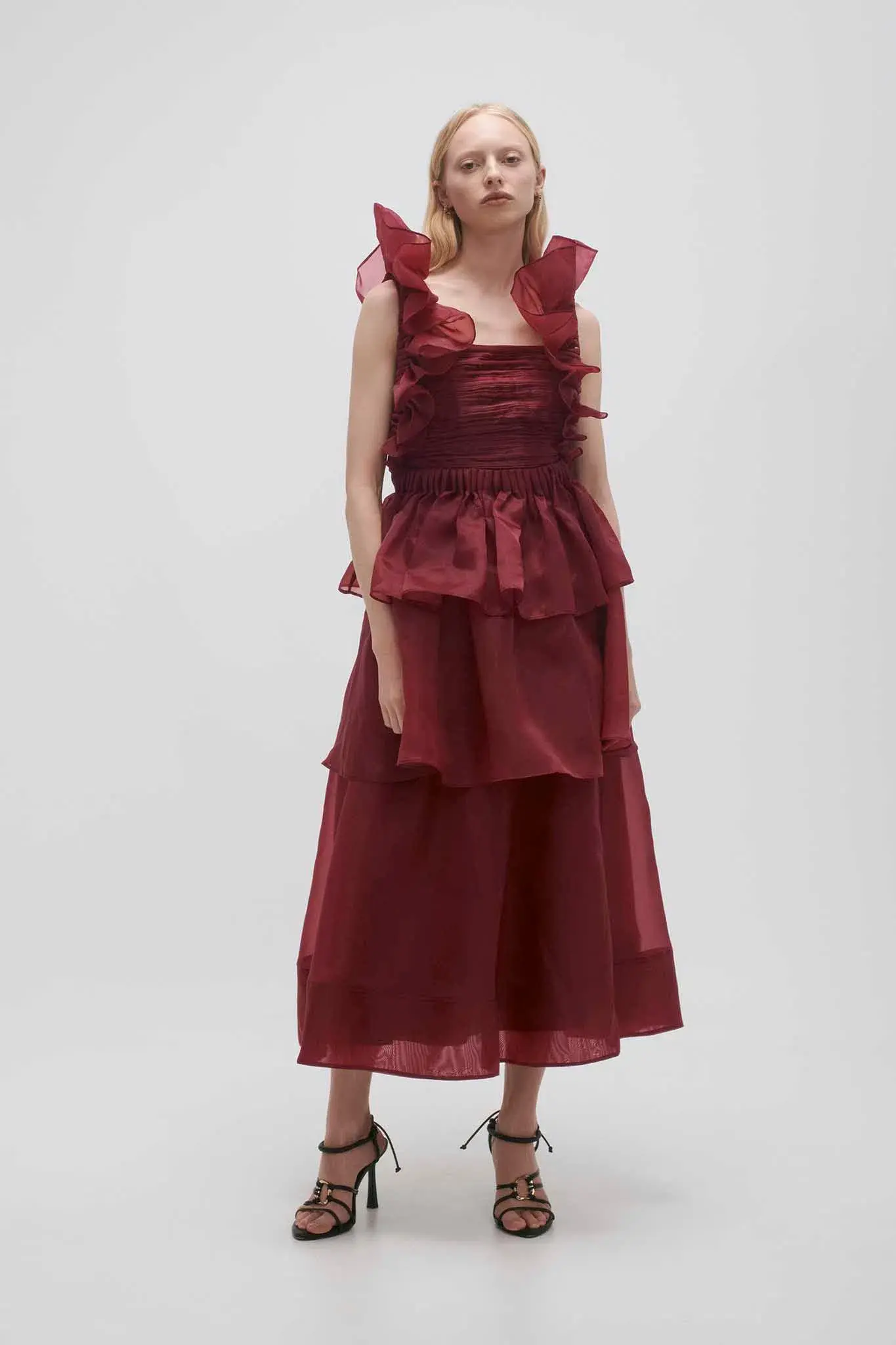 AJE ASRA PLEATED FRILL MIDI DRESS RED SIZE 8 - Image 1