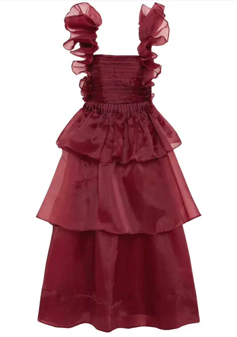 AJE ASRA PLEATED FRILL MIDI DRESS RED SIZE 8 for rent on The Volte - main image