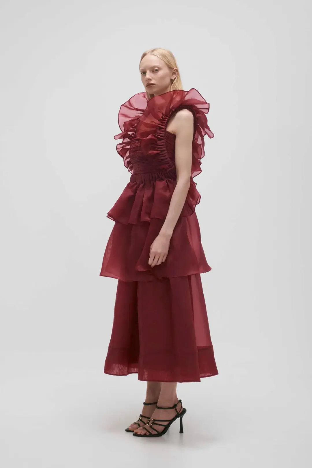 AJE ASRA PLEATED FRILL MIDI DRESS RED SIZE 8 for rent on The Volte - main image