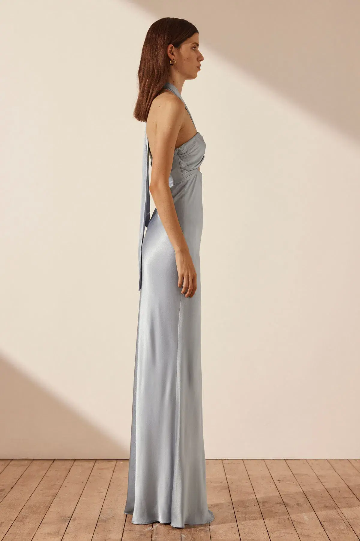 Shona Joy La Lune Ruched Halter Maxi Dress Powder Blue Size AU 8 - Image 2