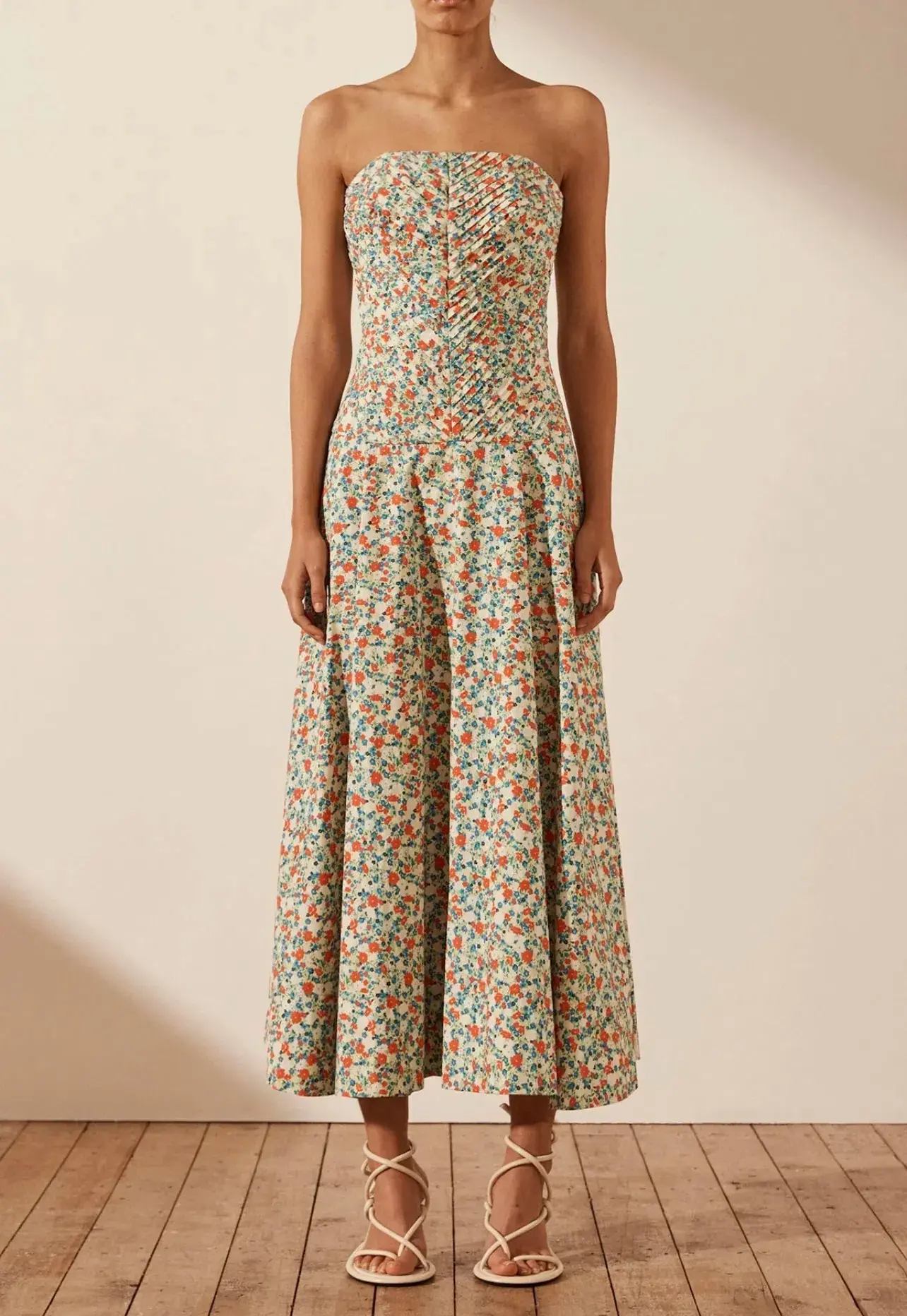 Shona Joy Ulani Strapless Pleated Midi Dress Multi Floral Size 10 - Image 1