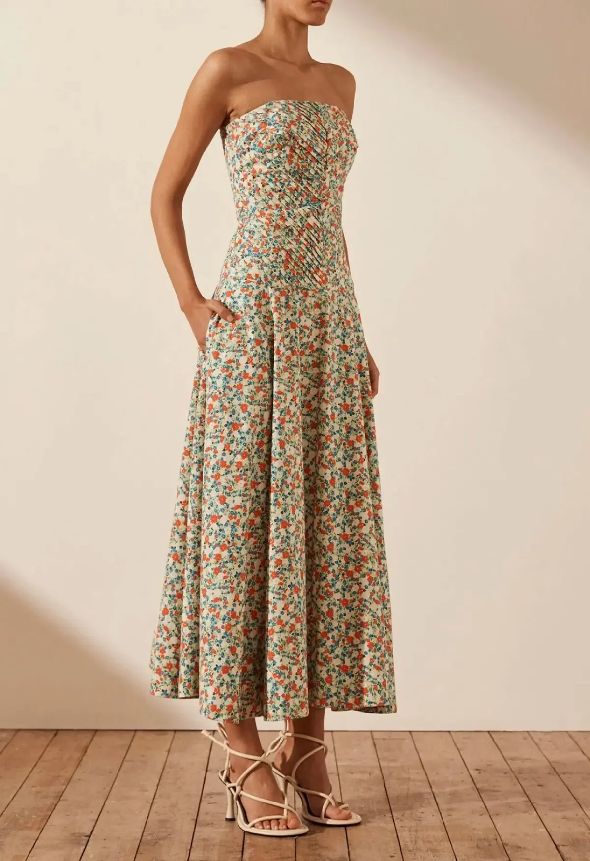 Shona Joy Ulani Strapless Pleated Midi Dress Multi Floral Size 10 - Image 2