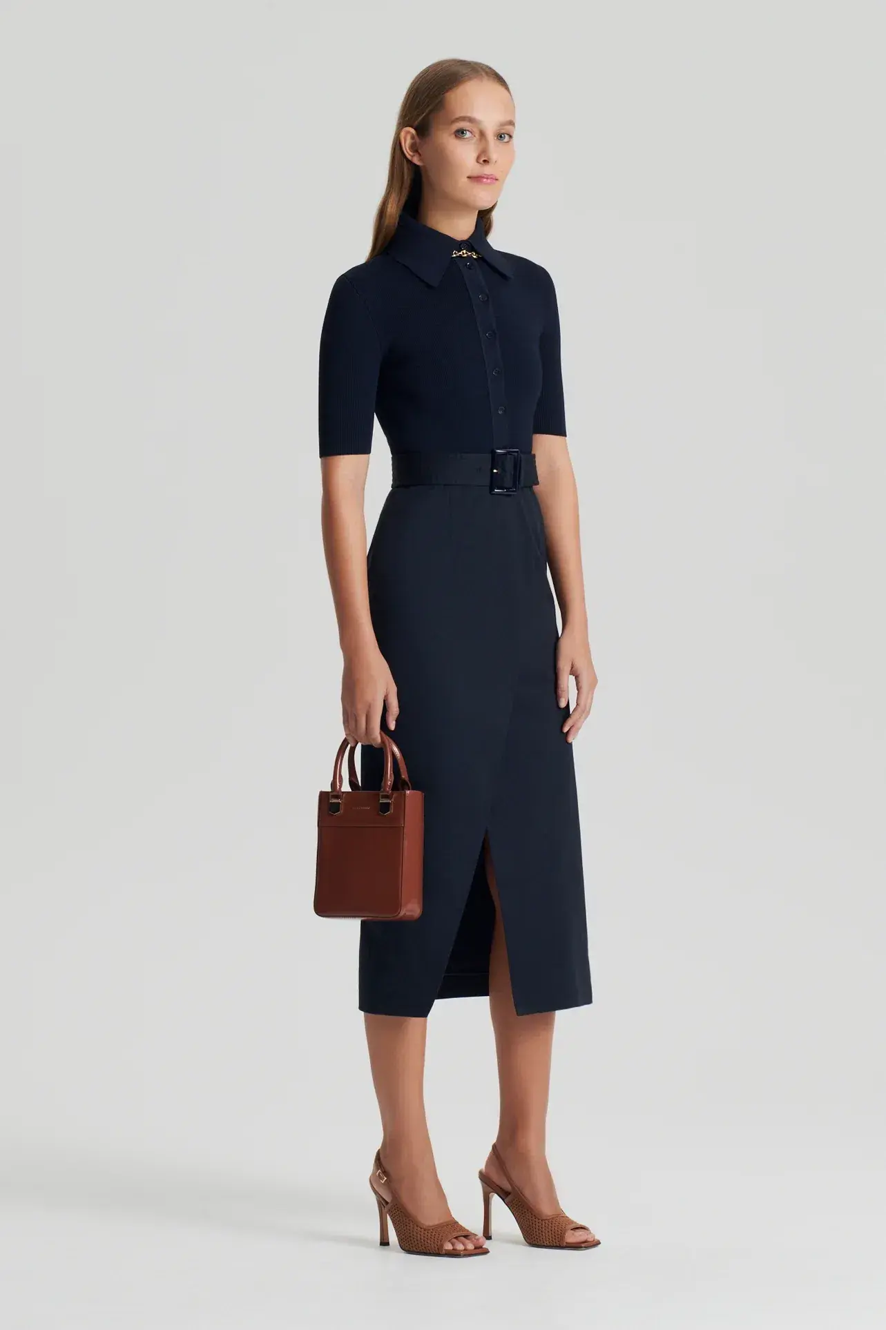 Scanlan Theodore Crepe Knit Pencil Cotton Dress Navy Size 12 - Image 2