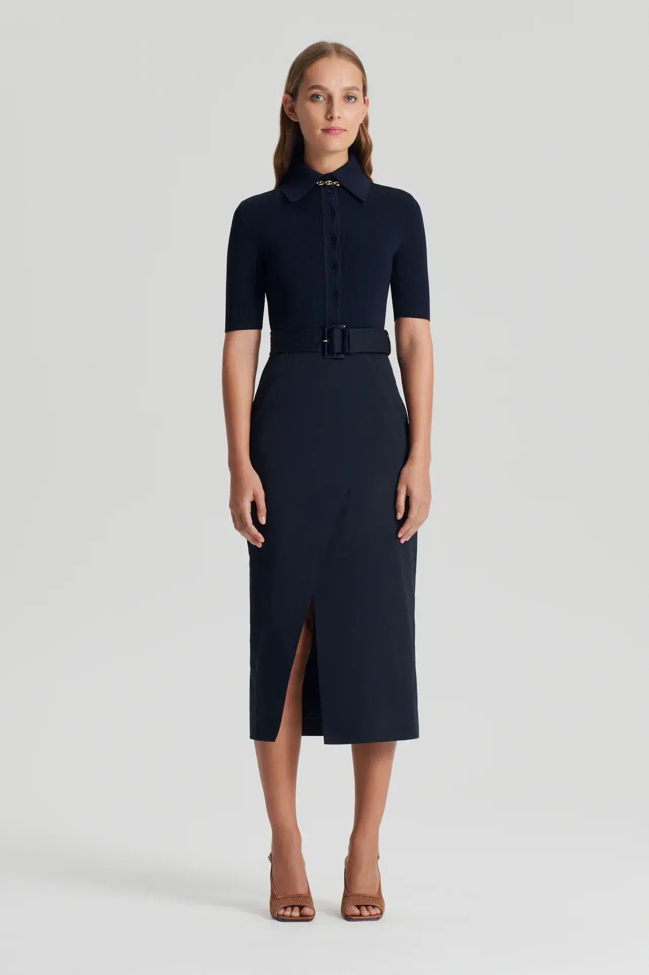 Scanlan Theodore Crepe Knit Pencil Cotton Dress Navy Size 12 - Image 1