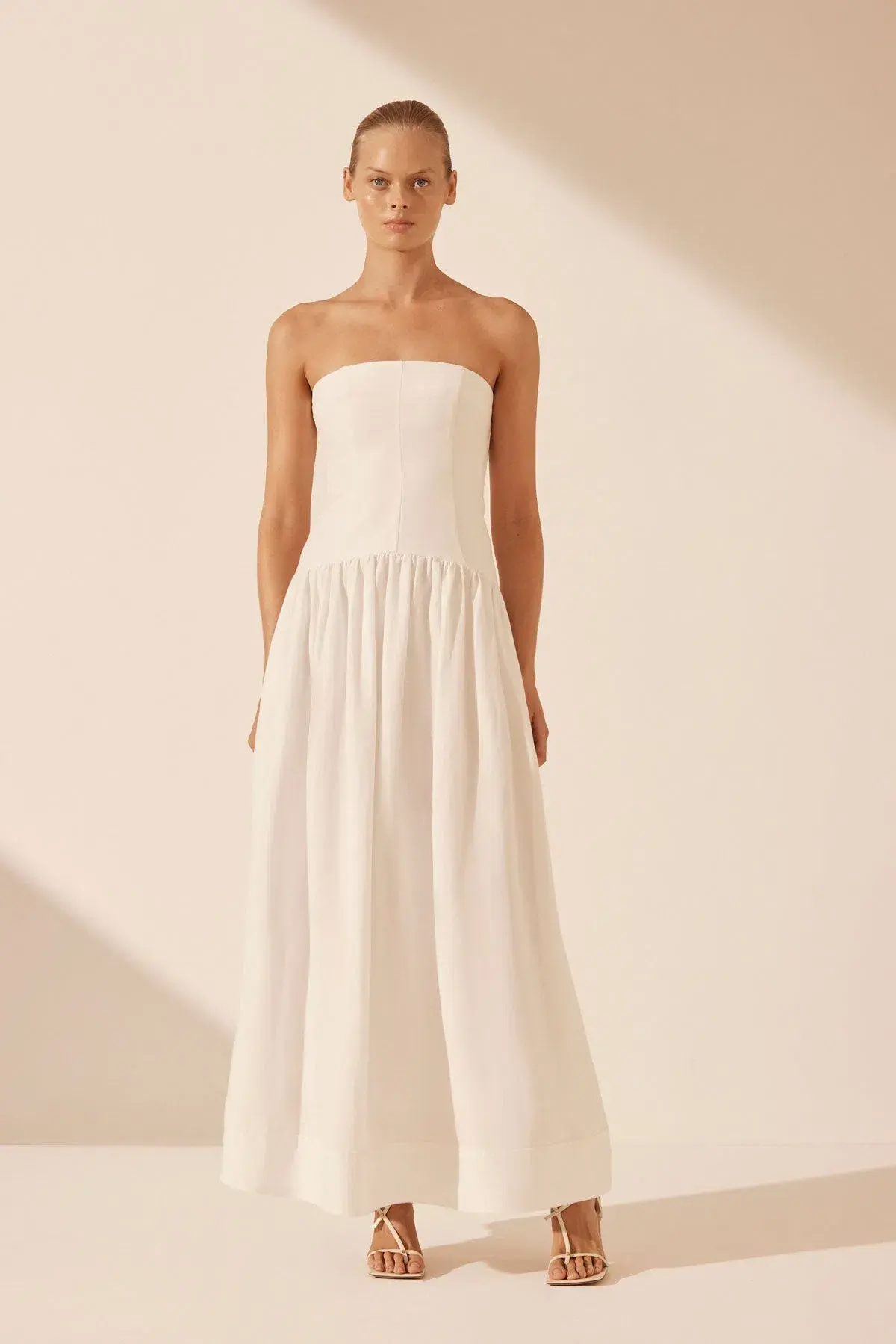 Shona Joy Blanc Linen Strapless Panelled Drop Waist Maxi Dress Ivory Size XS / AU 6 - Image 1