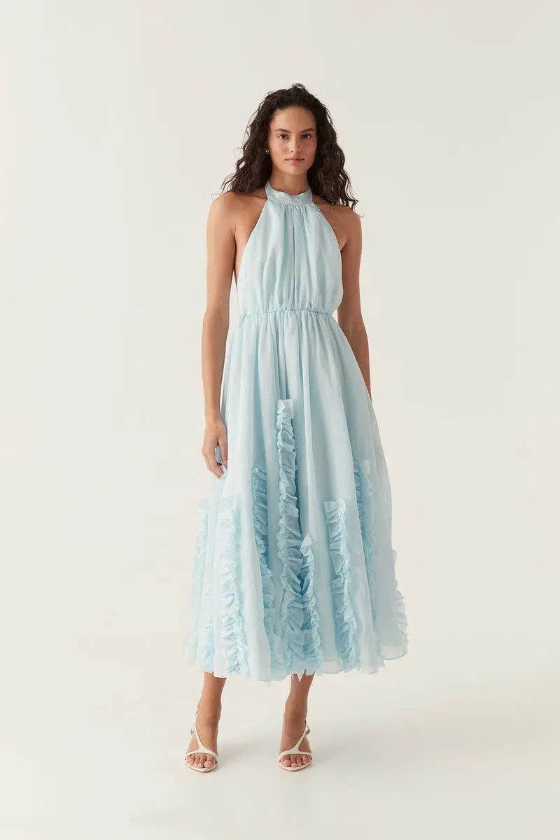 Aje Hilma Frill Maxi Halter Dress Blue Size 6  - Image 1