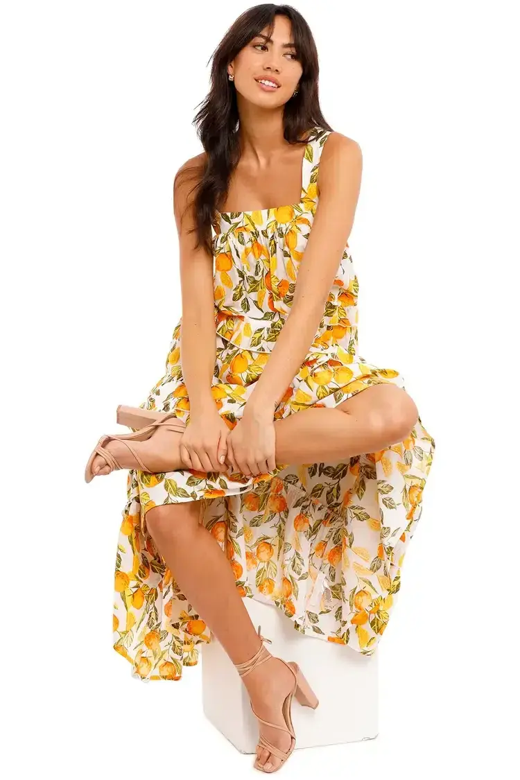Never Fully Dressed Orange Grove Scallop Dress Yellow Print Size 16 - Image 4