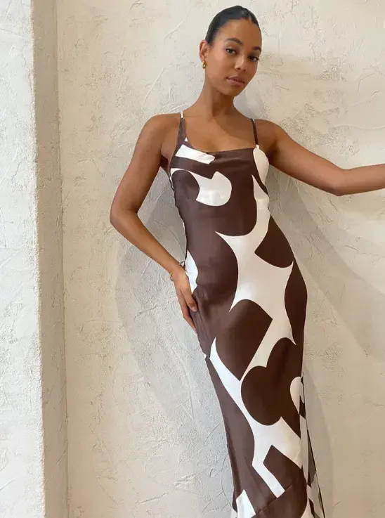 Sir The Label Julien Assymetric Slip In Abstract Chocolate Size Au 8 for rent on The Volte - main image