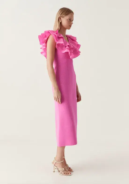 Aje Transcendent Ruffle Midi Dress Cerise Pink Size S / AU 8 - Image 2