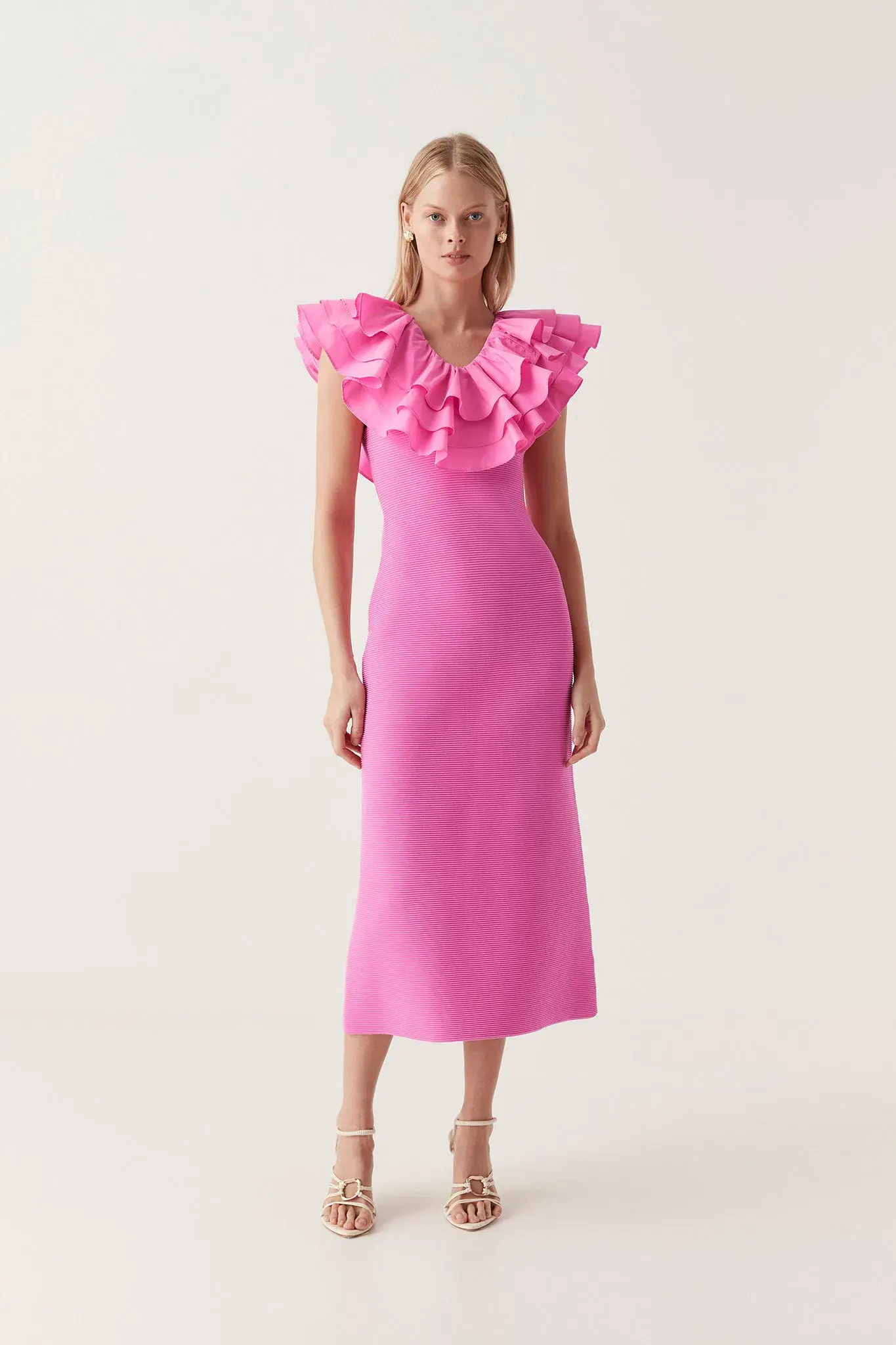 Aje Transcendent Ruffle Midi Dress Cerise Pink Size S / AU 8 - Image 1