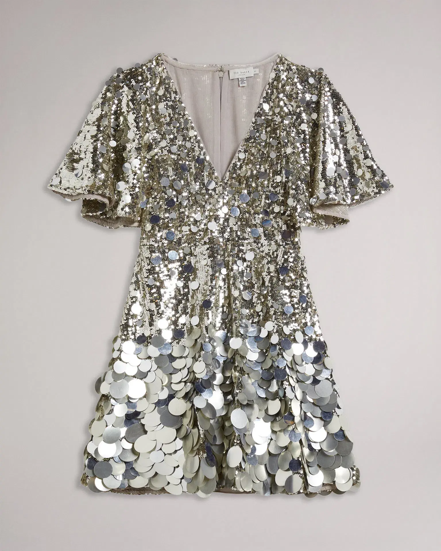Ted Baker Silver Estelli Embellished Cape Woven Mini Dress Sequin Size 8 - Image 3