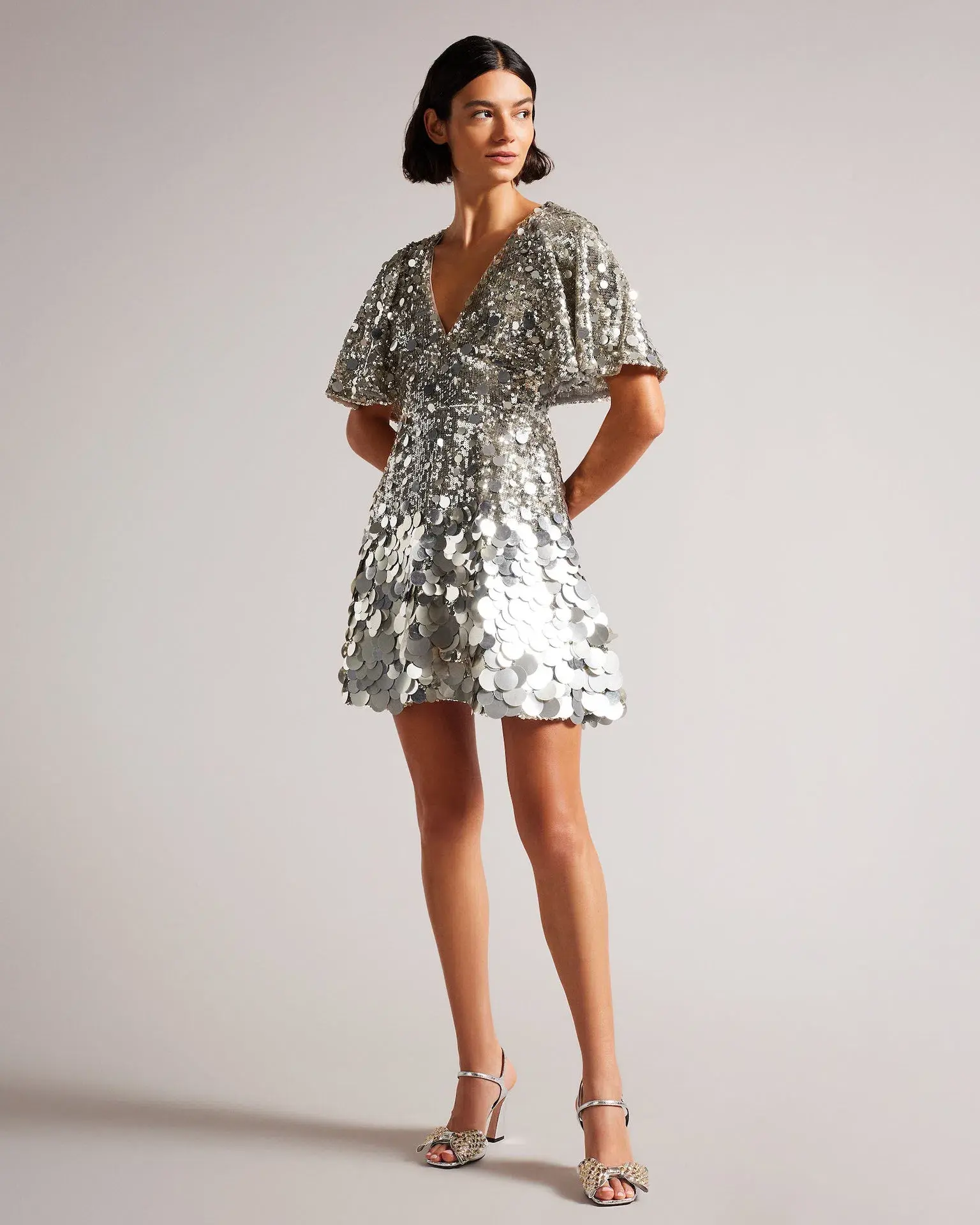 Ted Baker Silver Estelli Embellished Cape Woven Mini Dress Sequin Size 8 - Image 1