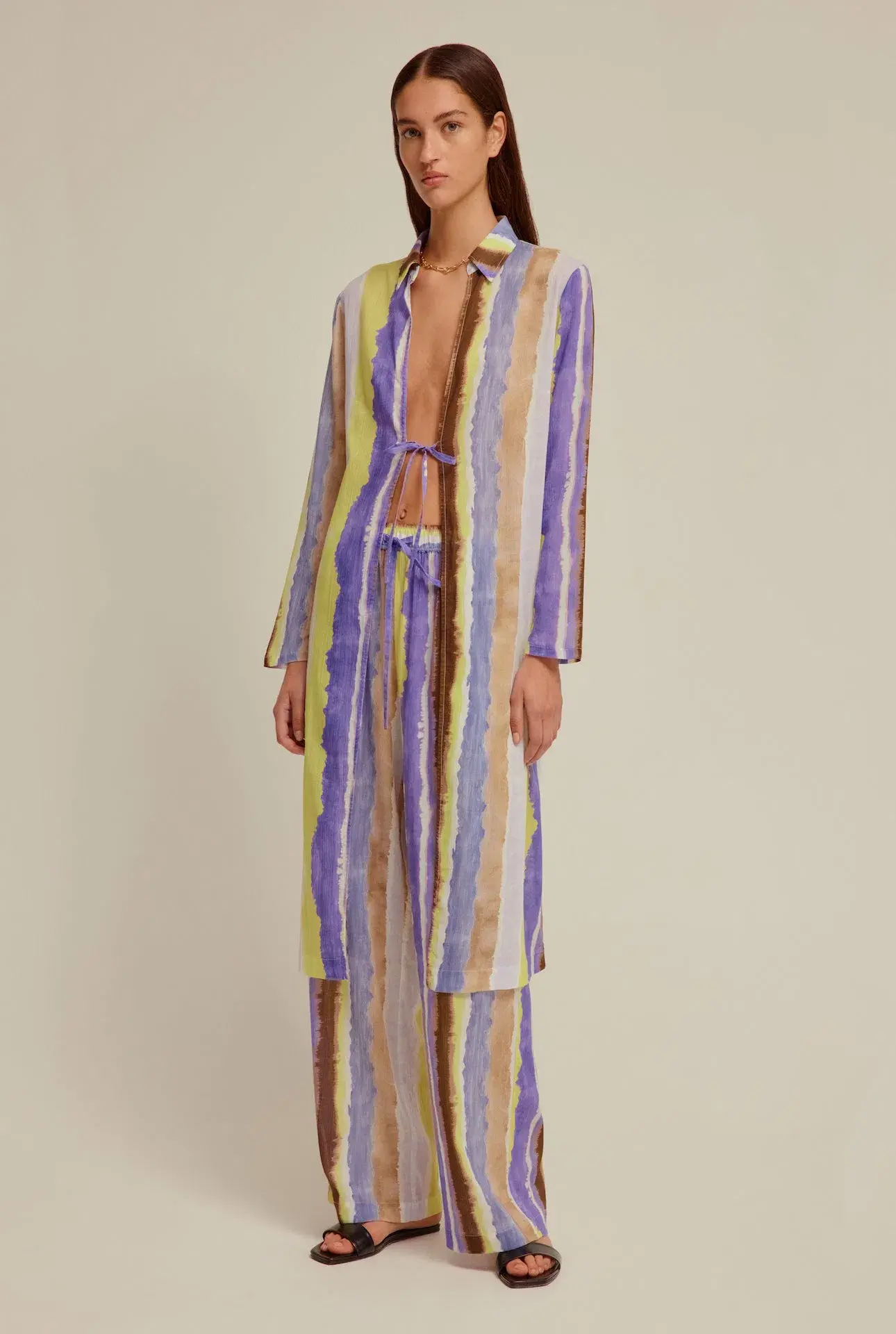 Venroy Crinkle Cotton Tie Front Shirt and Wide Leg Pants Set Purple Dye Stripe Size M / AU 10 - Image 1