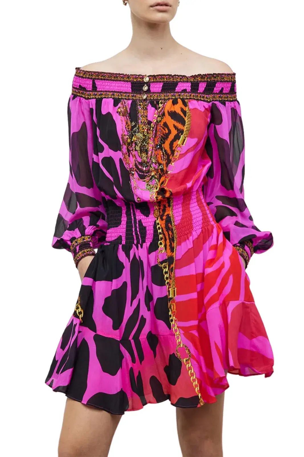 Camilla Off Shoulder Silk Short Dress Always Change Your Spots Print Size S / AU 10 - Image 2