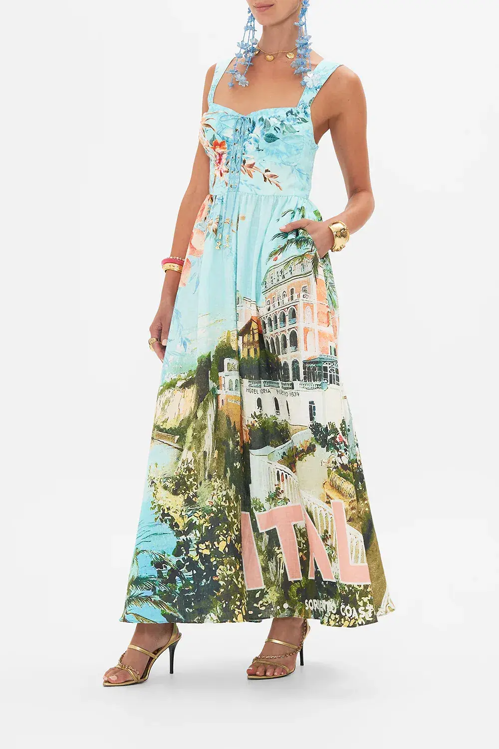 Camilla Eyelet Bustier Dress in From Sorrento With Love Print Size S / AU 10 for rent on The Volte - main image