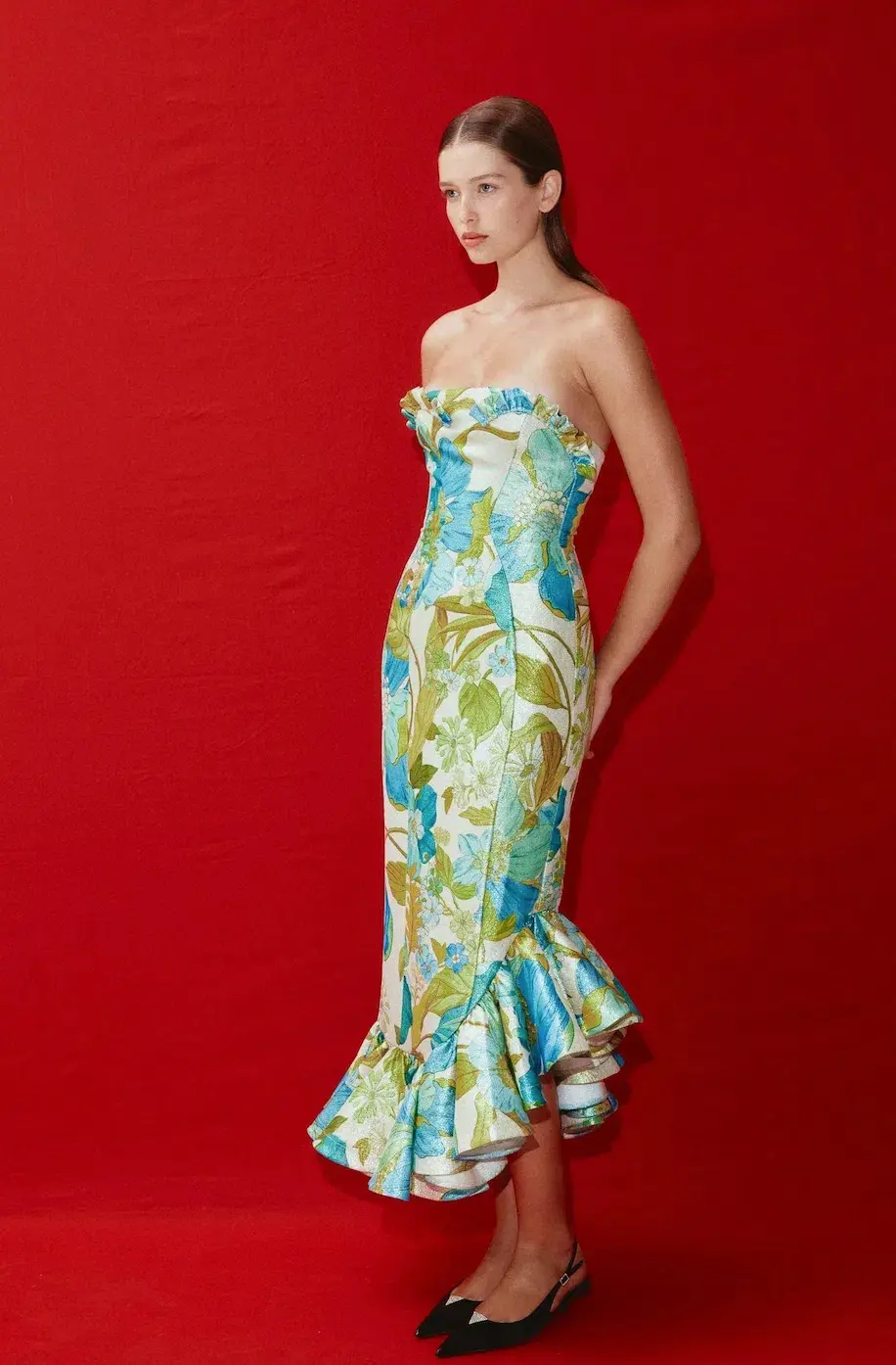 Alemais Janis Strapless Midi Dress Floral Print Size 10 for rent on The Volte - main image