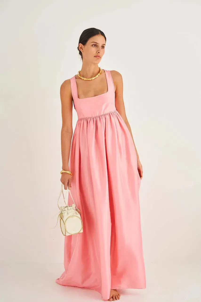 OROTON Strappy Open Back Poplin Maxi Sundress in Pink Strawberry Size 14 - Image 1