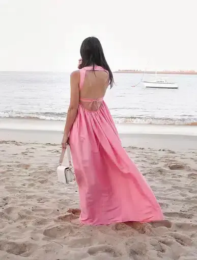 OROTON Strappy Open Back Poplin Maxi Sundress in Pink Strawberry Size 14 for rent on The Volte - main image