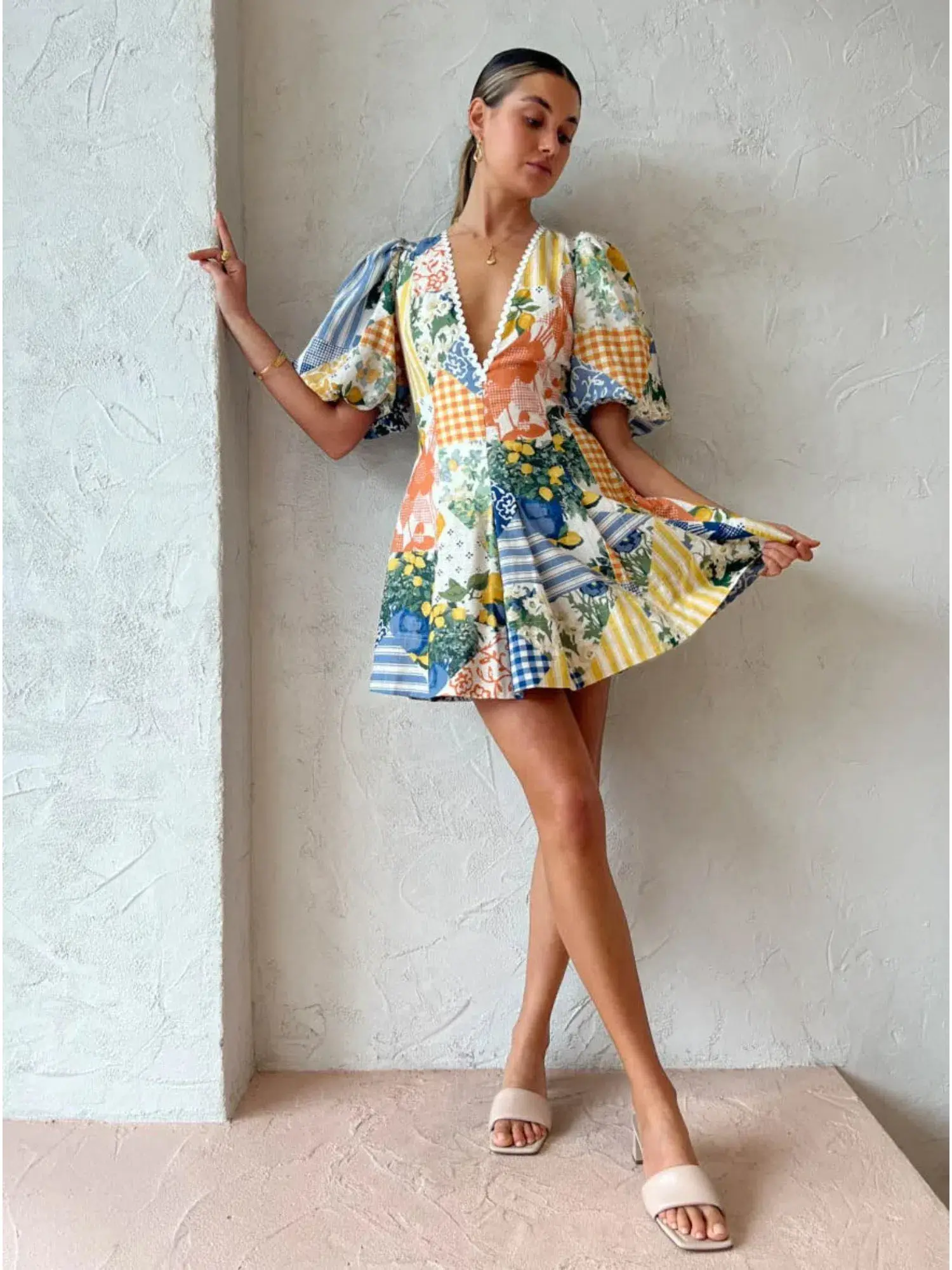 By Nicola Wavy Mini Dress Lemon Patchwork Multi Size AU 10 - Image 1