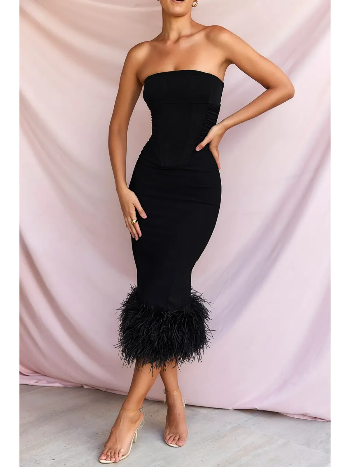 House Of CB Fionula Strapless Feather Corset Dress Black Size AU 10 - Image 2