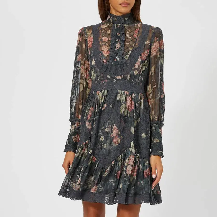 Zimmermann Unbridled Tucked Mini Dress Grey Floral Size 0 / AU 8 - Image 2