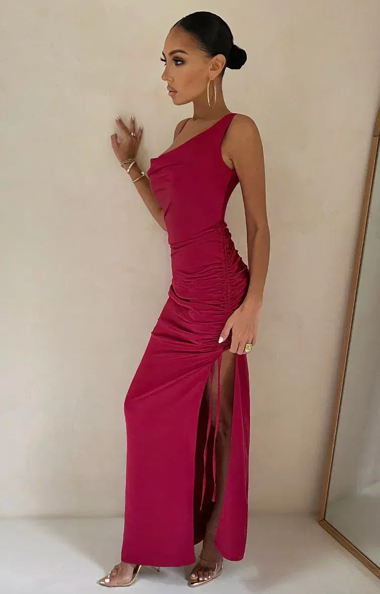 Club L London Belonging Berry Ruched Cowl Maxi Dress Pink Size 8 for rent on The Volte - main image