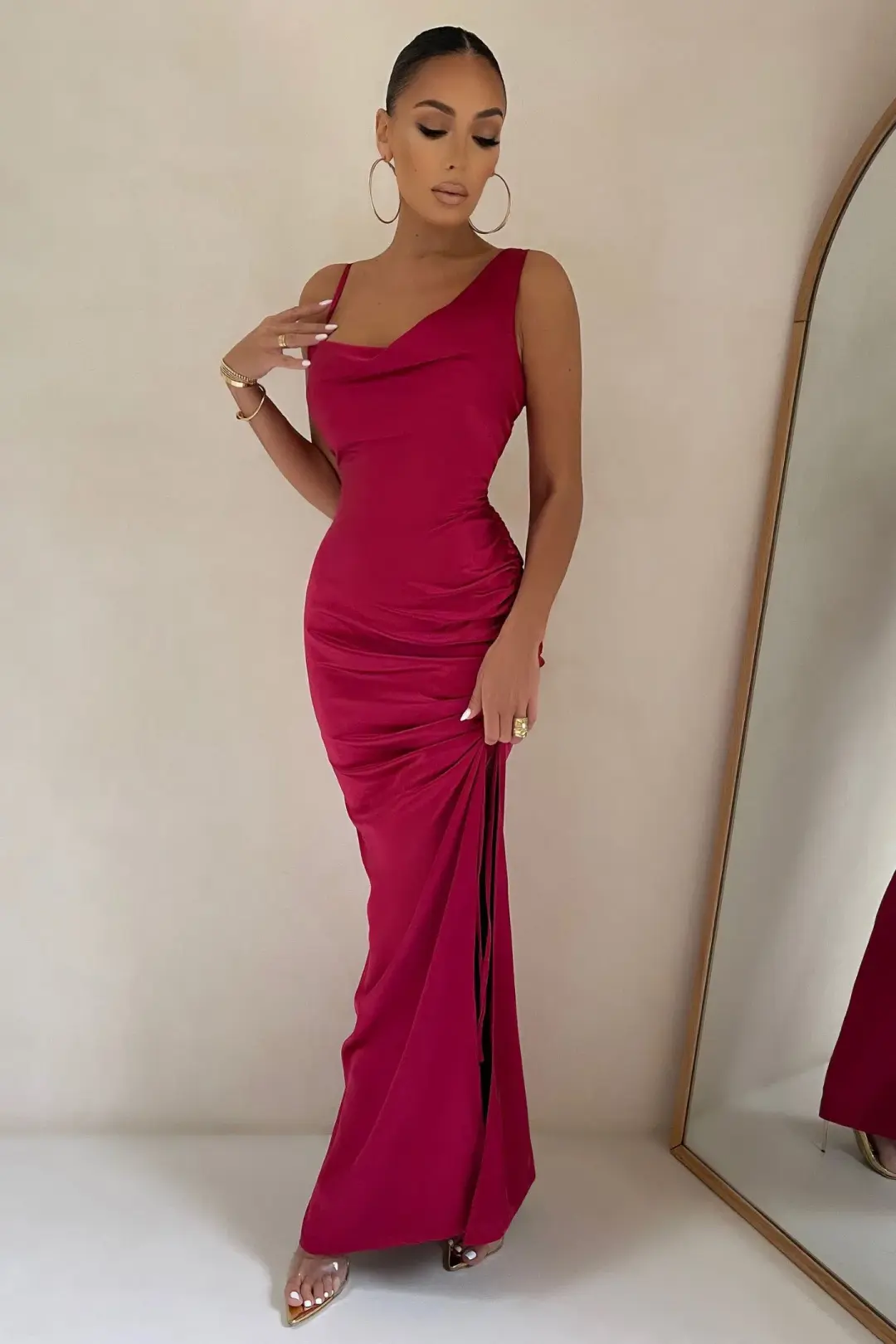 Club L London Belonging Berry Ruched Cowl Maxi Dress Pink Size 8 for rent on The Volte - main image