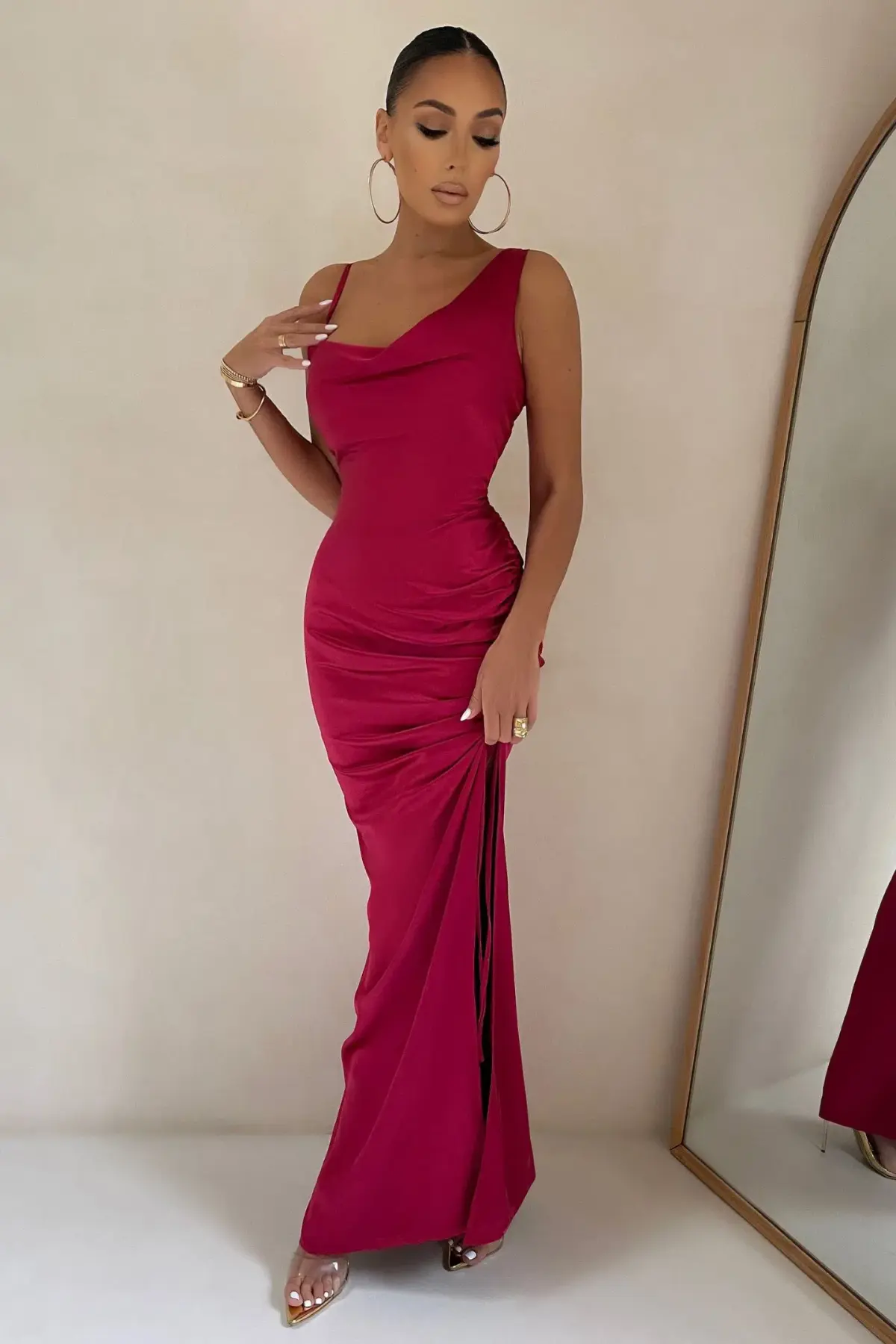 Club L London Belonging Berry Ruched Cowl Maxi Dress Pink Size 8 - Image 1