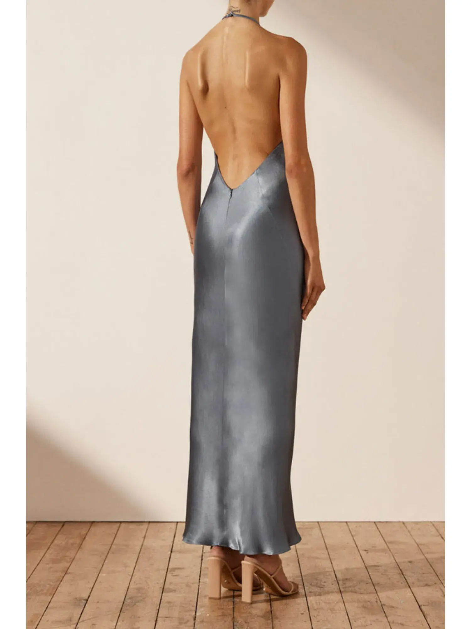 Shona Joy La Lune Low Back Halter Neck Midi Dress Blue Smoke Size AU 14 - Image 4