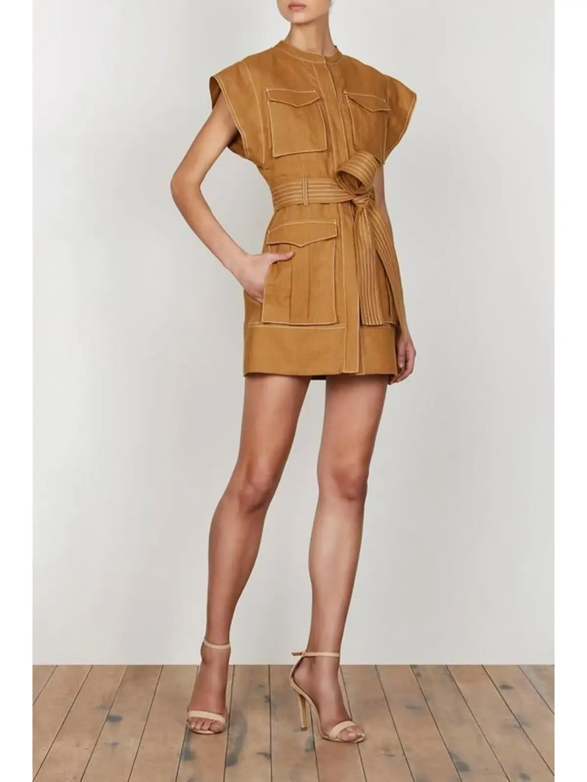 Shona Joy Eams Linen Utility Mini Dress in Nutmeg Size AU 8 - Image 1