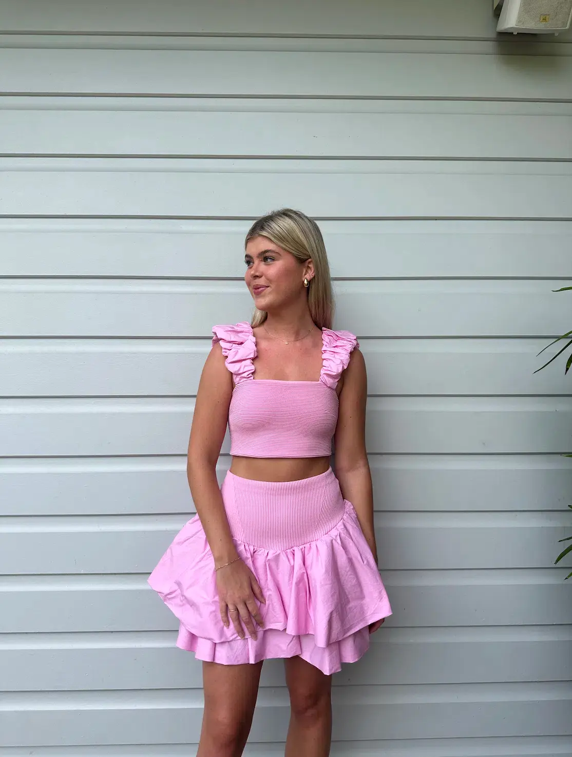 Aje Allard Ruched Strap Knit Top & Turner Bubble Skirt Set in Pink - Size 8 - Image 1