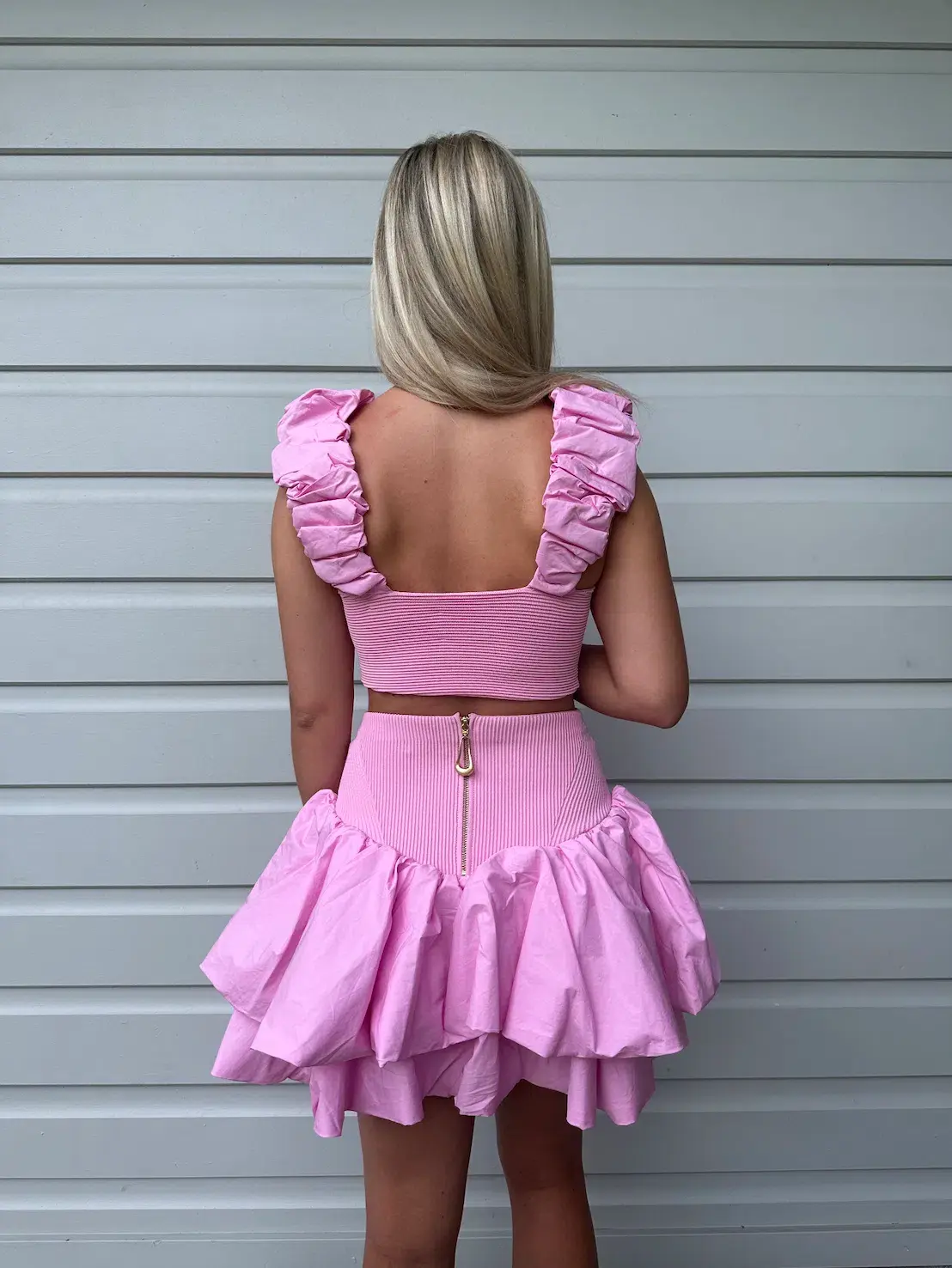 Aje Allard Ruched Strap Knit Top & Turner Bubble Skirt Set in Pink - Size 8 - Image 4