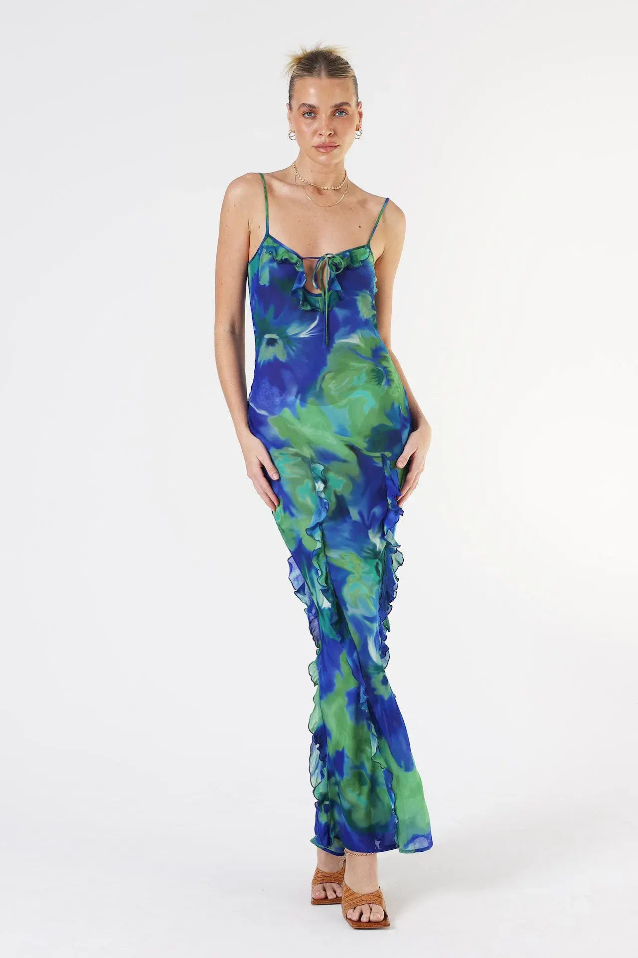 Isabelle Quinn Kyra Ruffle Maxi Dress Pacific Pansie Size 8 - Image 3