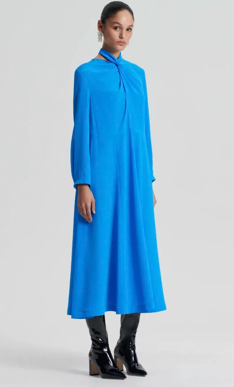 Scanlan Theodore Silk Drape Neck Midi Dress Bright Blue Size 12 for rent on The Volte - main image