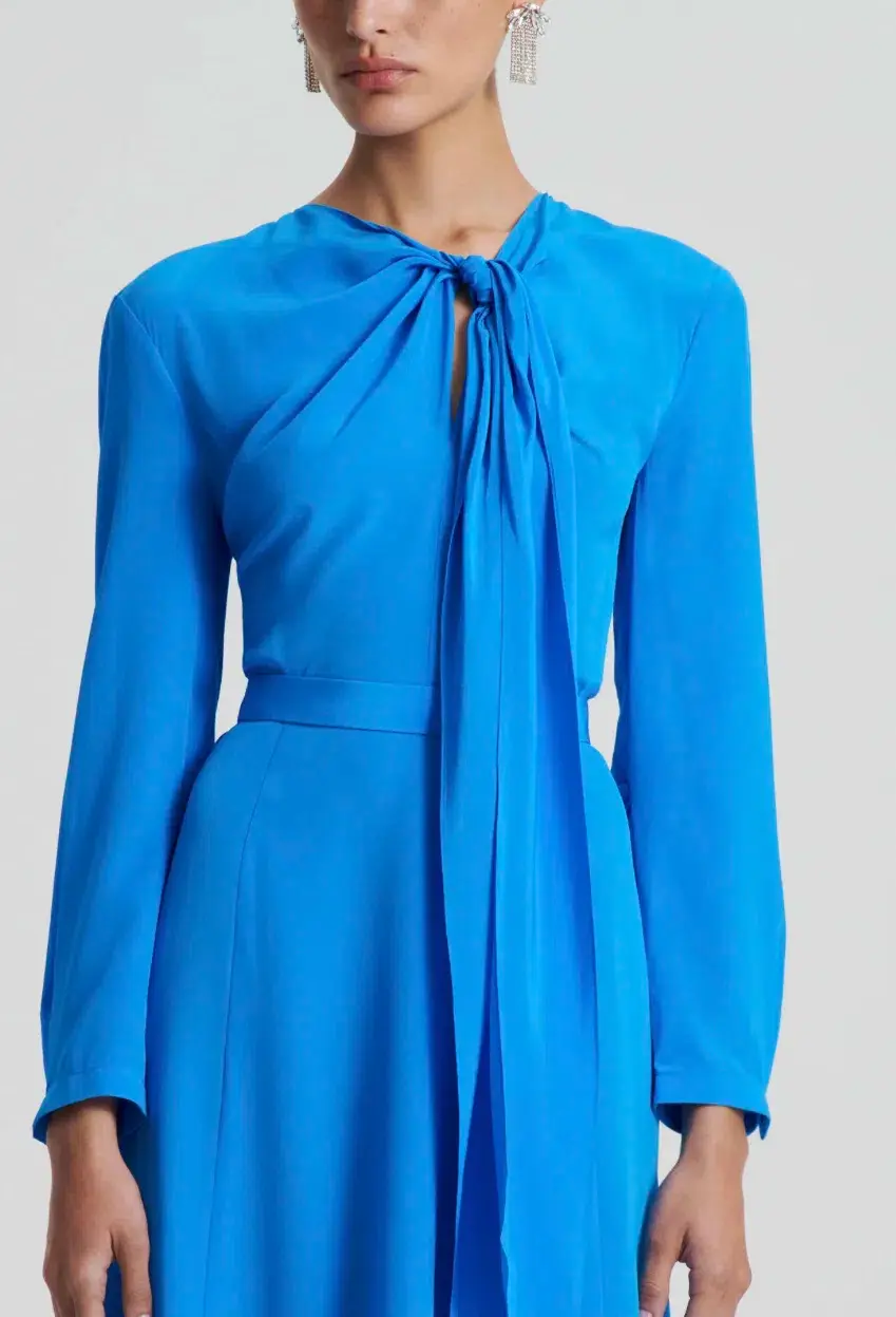 Scanlan Theodore Silk Drape Neck Midi Dress Bright Blue Size 12 for rent on The Volte - main image