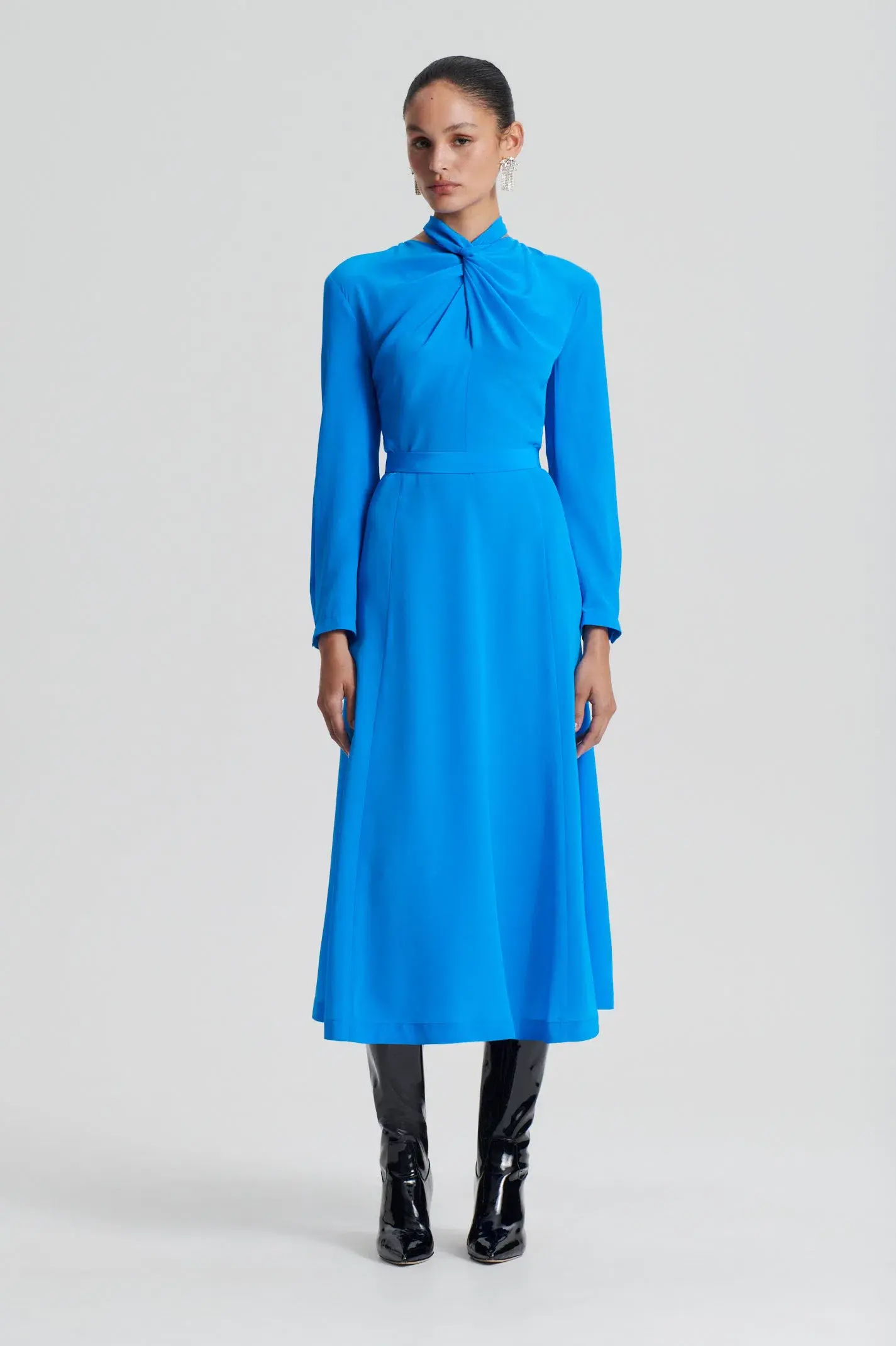 Scanlan Theodore Silk Drape Neck Midi Dress Bright Blue Size 12 - Image 1