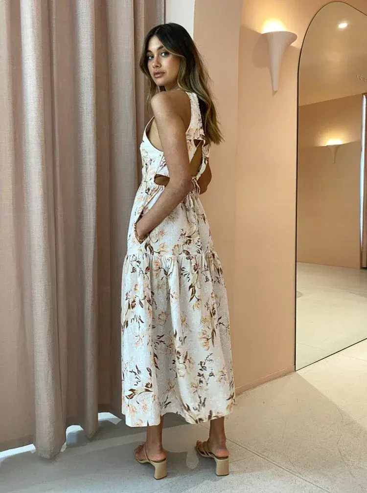  Shona Joy Roxanne Linen Open Back Tiered Midi Dress Floral Size AU 10  - Image 2