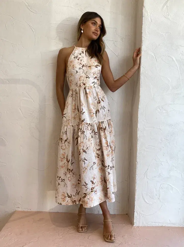  Shona Joy Roxanne Linen Open Back Tiered Midi Dress Floral Size AU 10  - Image 5
