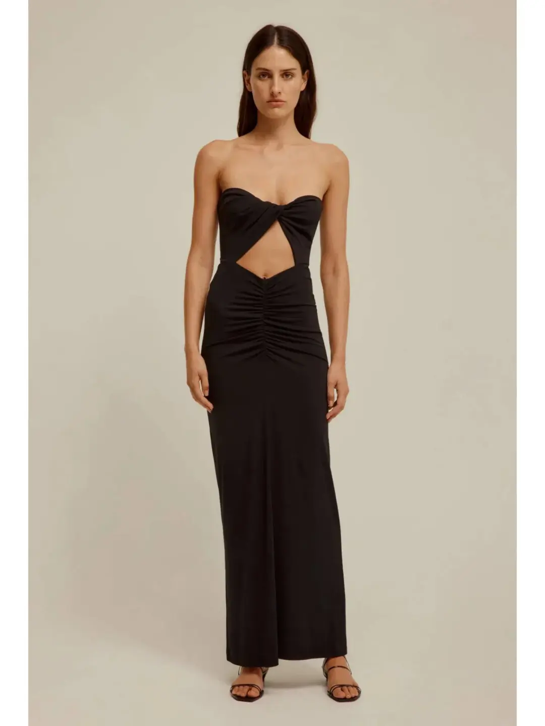 Venroy Draped Cutaway Strapless Dress Black Size AU 10 for rent on The Volte - main image