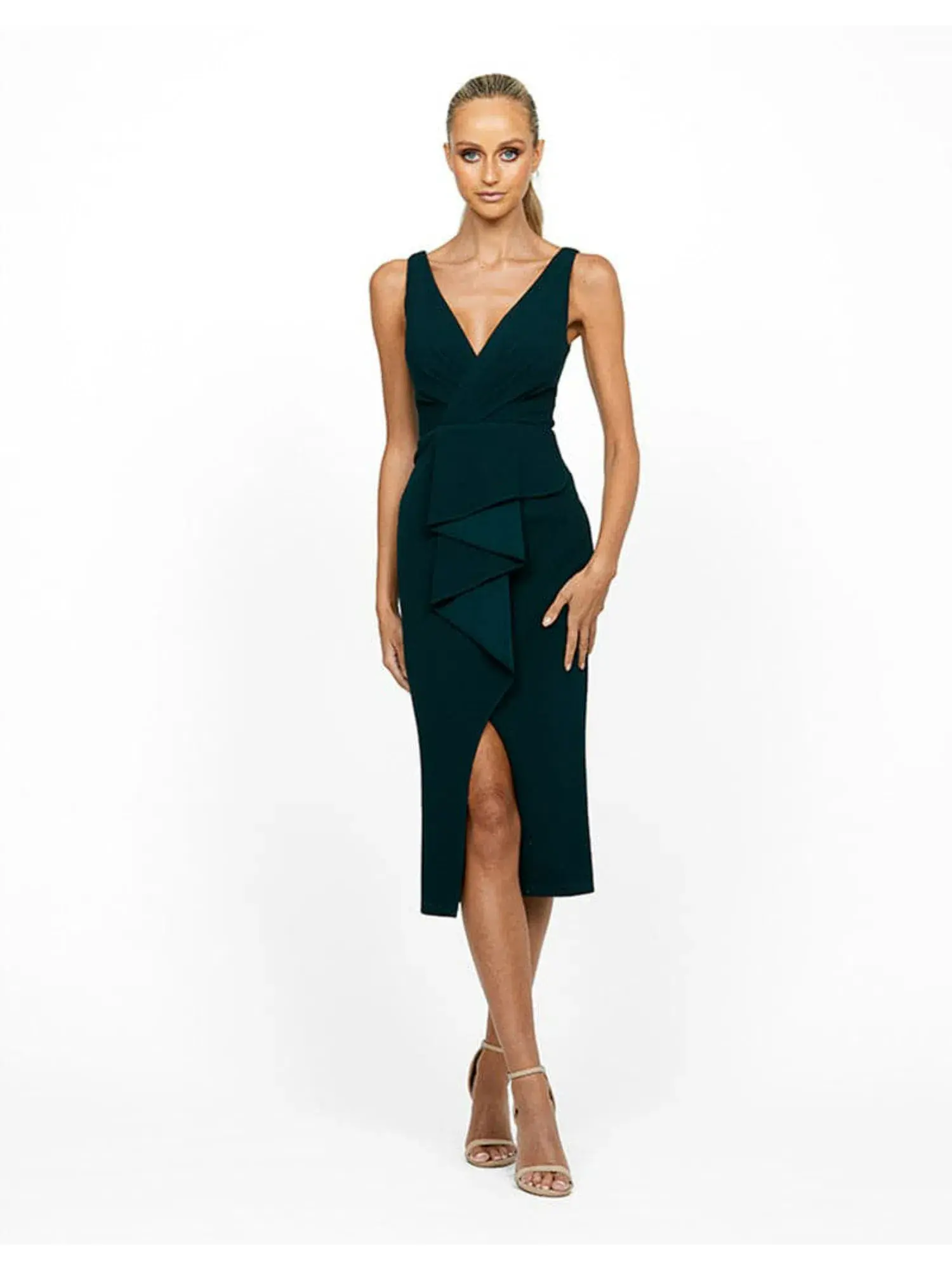 Bariano Dakota V Neck Ruffle Midi Dress in Jade Size AU 8 - Image 1